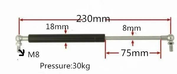 

30KG Force 75mm Stroke 230mm Hole Center Distance Auto Gas Spring Damper Ball Joint Lift Strut Automotive Gas Spring M8