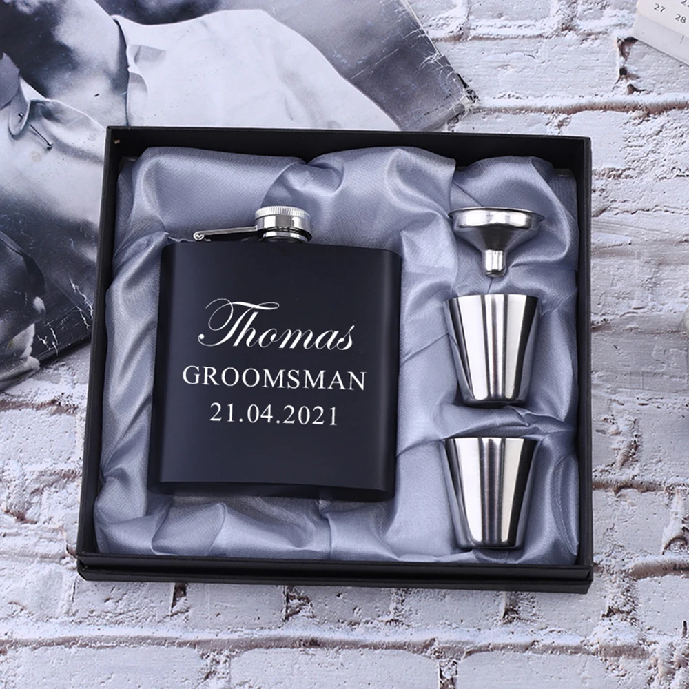 Personalized Engraving 6oz Black Stainless Steel Hip Flask Groomsmen Groom Gift Wedding Party Best Man Gift With Box Custom Logo