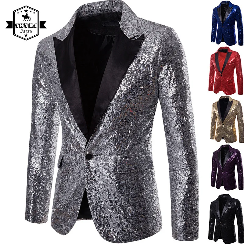 

Men Casual Dance Suit New Gold Silver Sequin Shiny Blazers Fashion Jacket Night Club DJ Stage Performances Wedding Party Coat