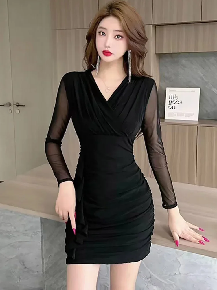 Женское розовое Сетчатое платье с длинным рукавом и V-образным вырезом