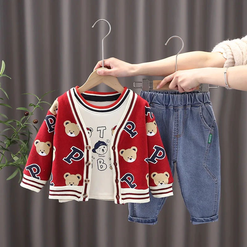 

New Spring Autumn Children Clothing Sets Baby Girl Boy Clothes Cartoon Knitted Coat+T-shirt+Jeans Fashion Toddler Infant Outfits