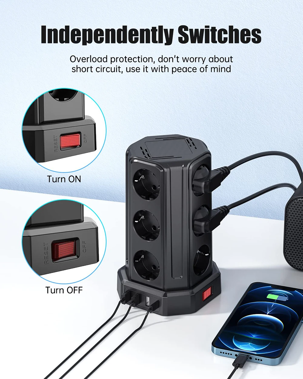 Фото Многосетевой удлинитель Sameriver с европейской вилкой и 12 розетками, 3 USB-порта A + 1 USB C, защита от перенапряжения для дома и офиса, удлинитель 5 м №2
