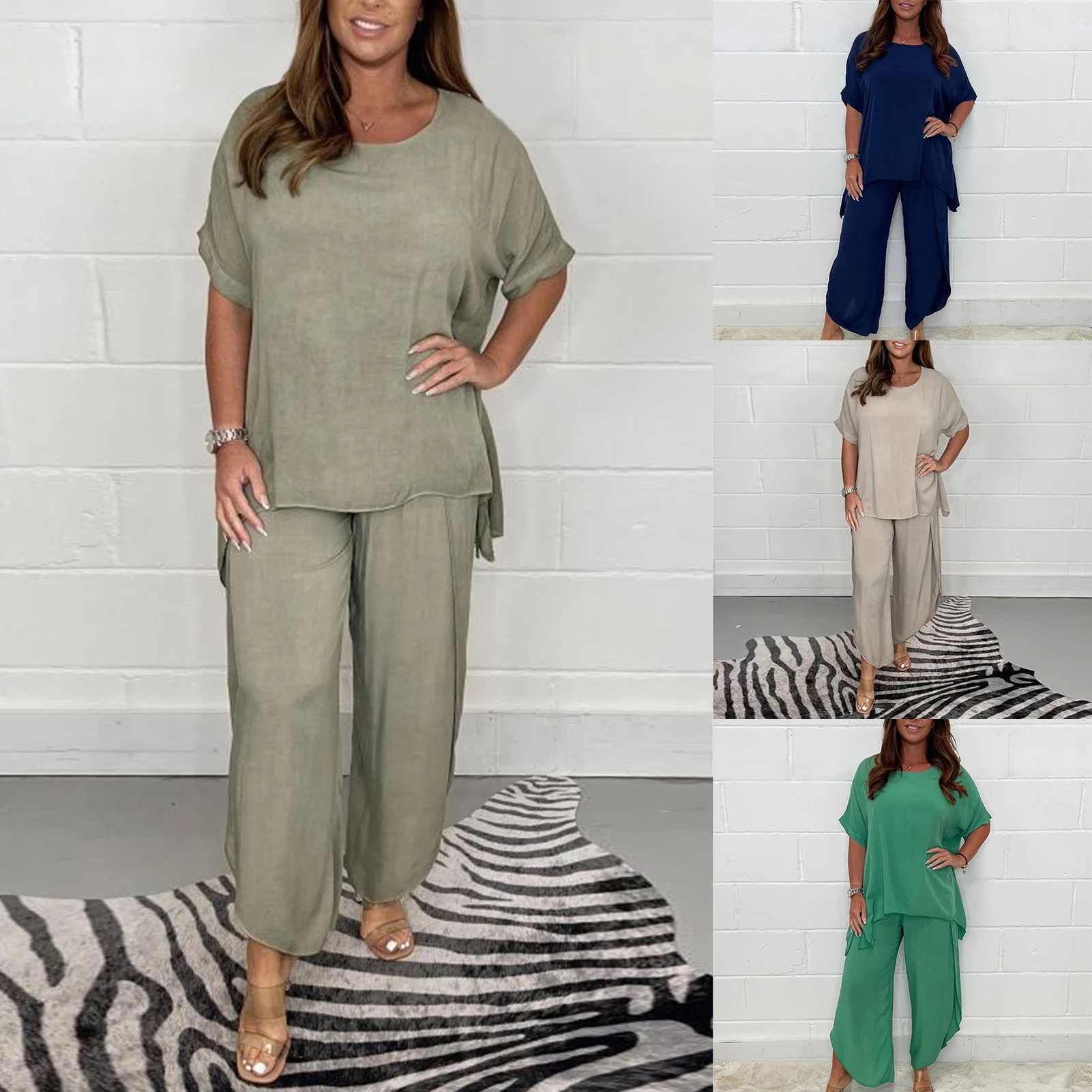 

Женский повседневный комплект из пуловера и брюк, однотонный комплект из топа с коротким рукавом и брюк с эластичным поясом