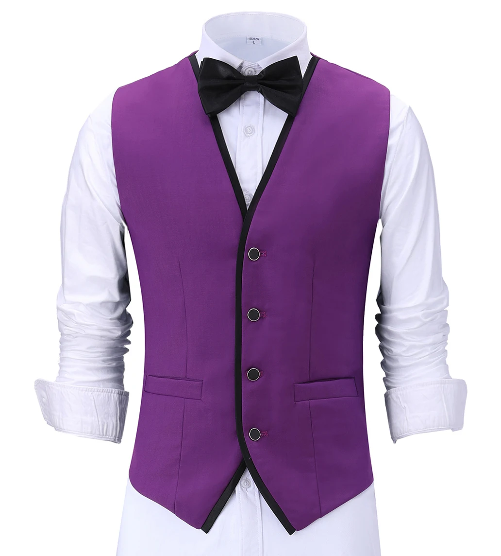 

Men's Suit Vest Purple V Neck Male Gentleman Business Waistcoat Plus Size Burgundy Jacket Casual Slim Fit Gilet Homme Vests 2021