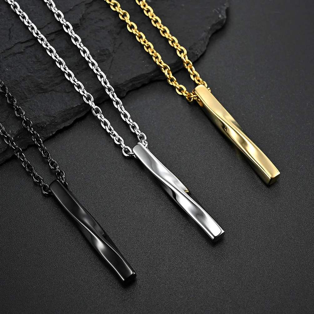 

New Fashion Men's Necklace Rectangle Pendant Necklace Fashion Simple Spiral Straight Titanium Steel Necklaces Lover Gifts