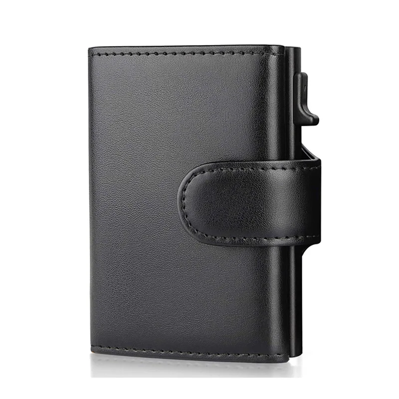 Aluminum Credit Card Holder Wallet RFID Blocking Trifold Smart Men Wallets 100% Genuine Leather Slim with Coin Pocket Cardholder