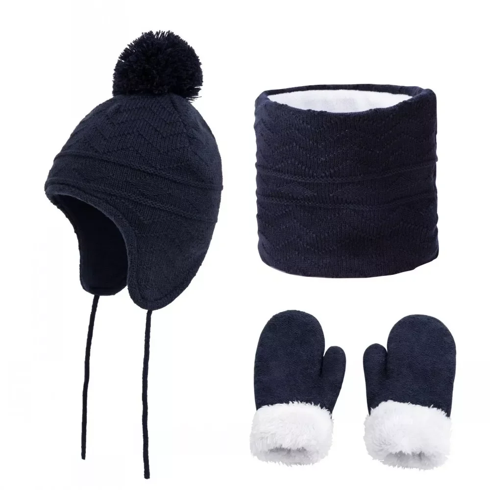 Kids Winter Hat Scarf Gloves Set Earflap Beanie Fleece Warm Autumn Skiing Outdoor Knitted Thermal Warm Hat for Toddler Baby