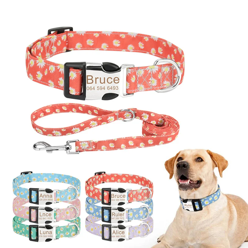 

Ошейник и поводок для собак «сделай сам», персонализированный узор с цветами, с гравировкой имени, для маленьких, средних и больших собак, ко...