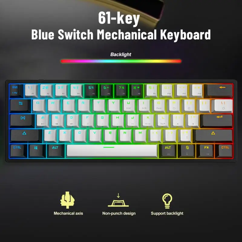 

Механическая клавиатура RYRA с зеленой осью и красной осью, 61 клавиша, эргономичная клавиатура с цветными Rgb световыми эффектами, проводная клавиатура с интерфейсом Type-c