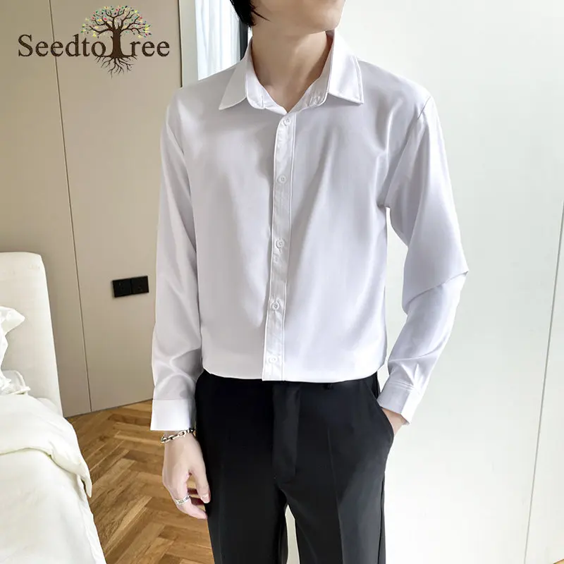 Spring and Autumn Men's Casual Shirts Solid Color Long Sleeve Lapel Single Breasted Shirts