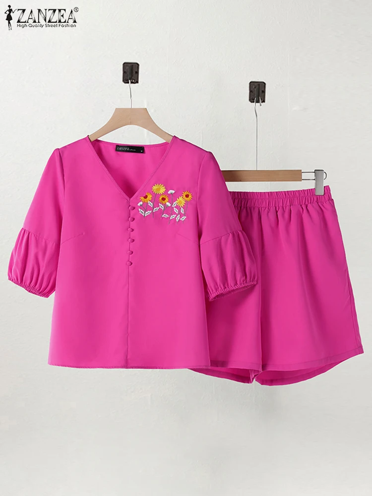ZANZEA модная блузка с короткими рукавами и вышивкой комплекты брюк летние короткие