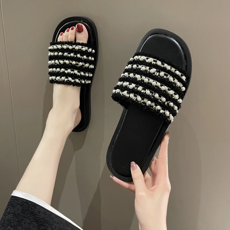 

Женские ботинки, дамские тапочки со шнуровкой из бисера, 2023 резина, плоская подошва, искусственная ткань, шнуровка, женские тапочки на плоской подошве