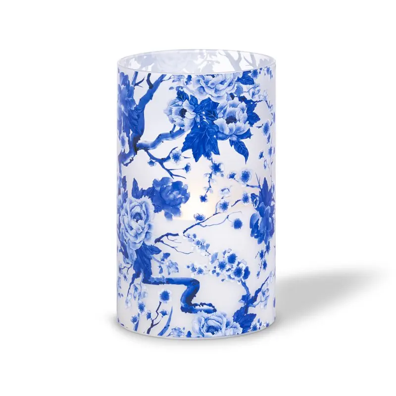 

5-in D x 8-in H Hand poured Wax Candle in blue floral patterned frosted glass with exclusive ™ glow for Home Wedding Table De