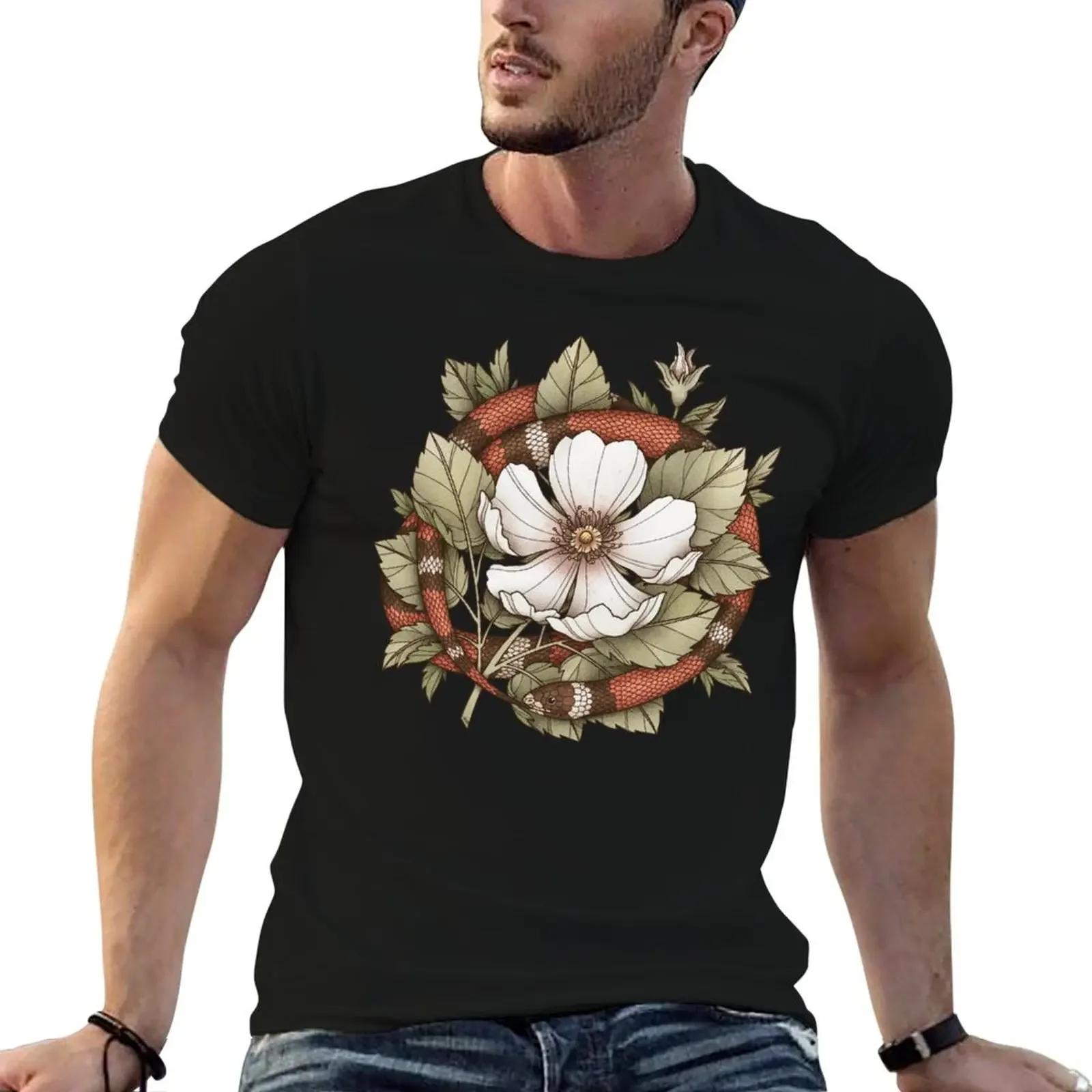 Футболка Уроборос змея с харшем и розой летние топы в стиле аниме винтажная