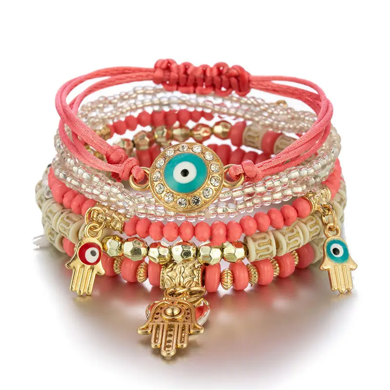 

6Pcs Beads Shell Hand Charm Bracelet Set for Women Blue Devil Eyes Handmade Jewelry Bohemia Elastic Bracelets for Girl 2022