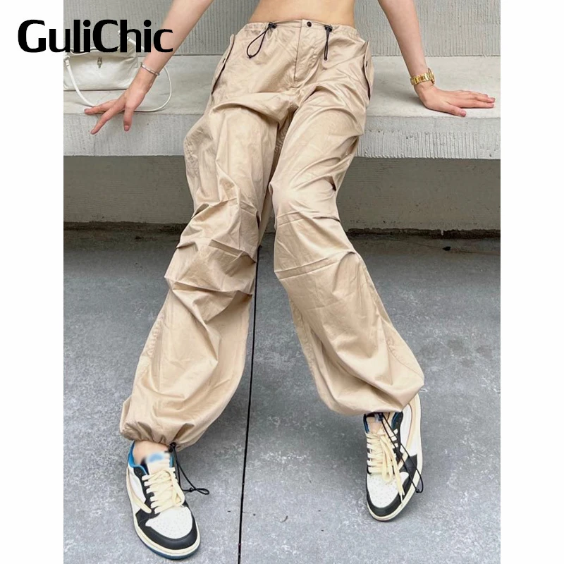 6.13 GuliChic Women Street Casual Loose Solid Color Sporty Drawstring Cargo Pants