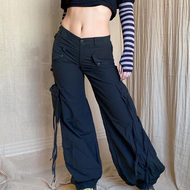 

Y2K Korean Fashion Harajuku Hippie Baggy Trousers Vintage Low Waist Pockets Cargo Pant Women Retro Sweatpants Bottoms Streetwear