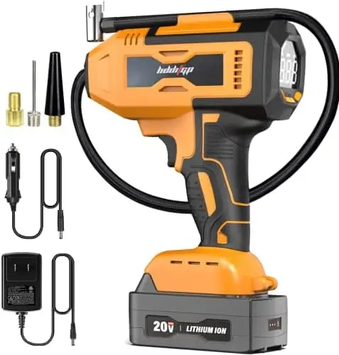 

Inflator Air Compressor, 20V Cordless Car Tire with Rechargeable Li-ion Battery, 12V Car Power Adapter, Digital Pressure Gauge