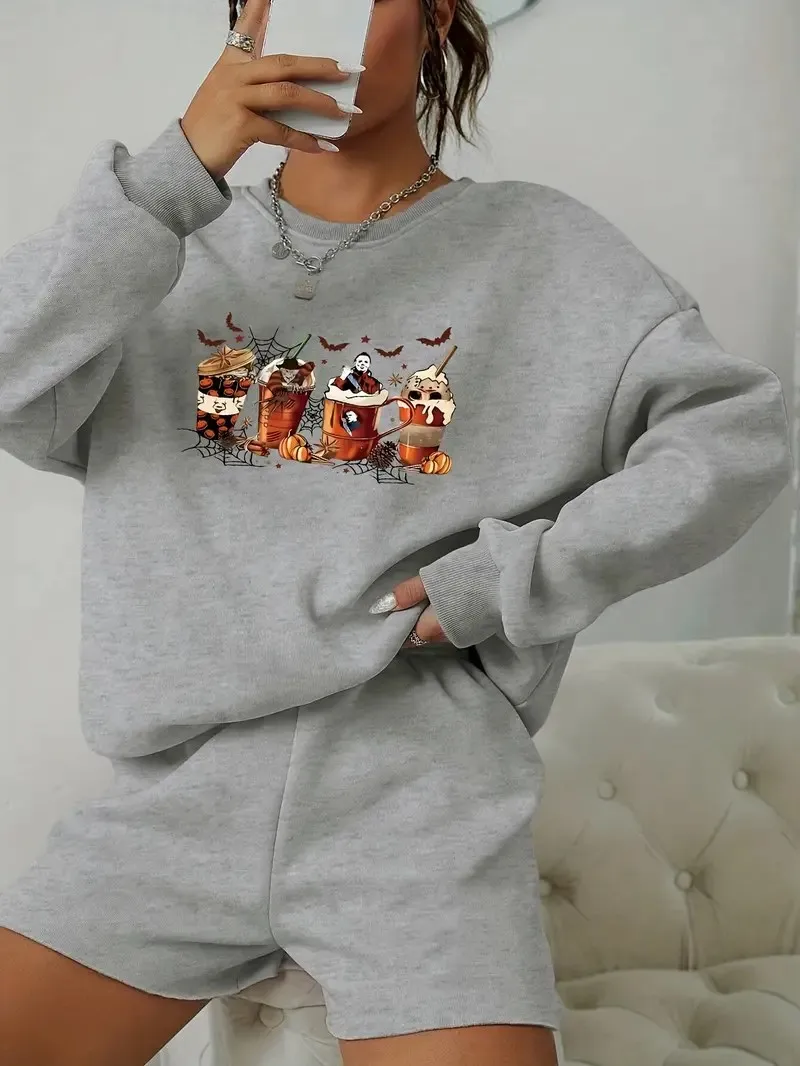 Комплект из 2 предметов с принтом Хэллоуин Женская толстовка круглым вырезом и