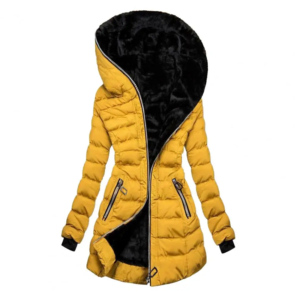 Winter New in Hooded Coat Solid Color Zipper Closure Slim Waist Hooded Quilted Women Overcoat for Outdoor