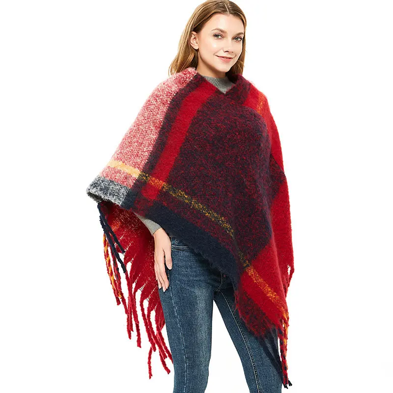 

Winter Plaid Ponchos Capes For Lady Luxury Brand Circle Yarn Thick Tassels Cape Autumn Color Grid Shawl Cashmere Scarf Bufanda