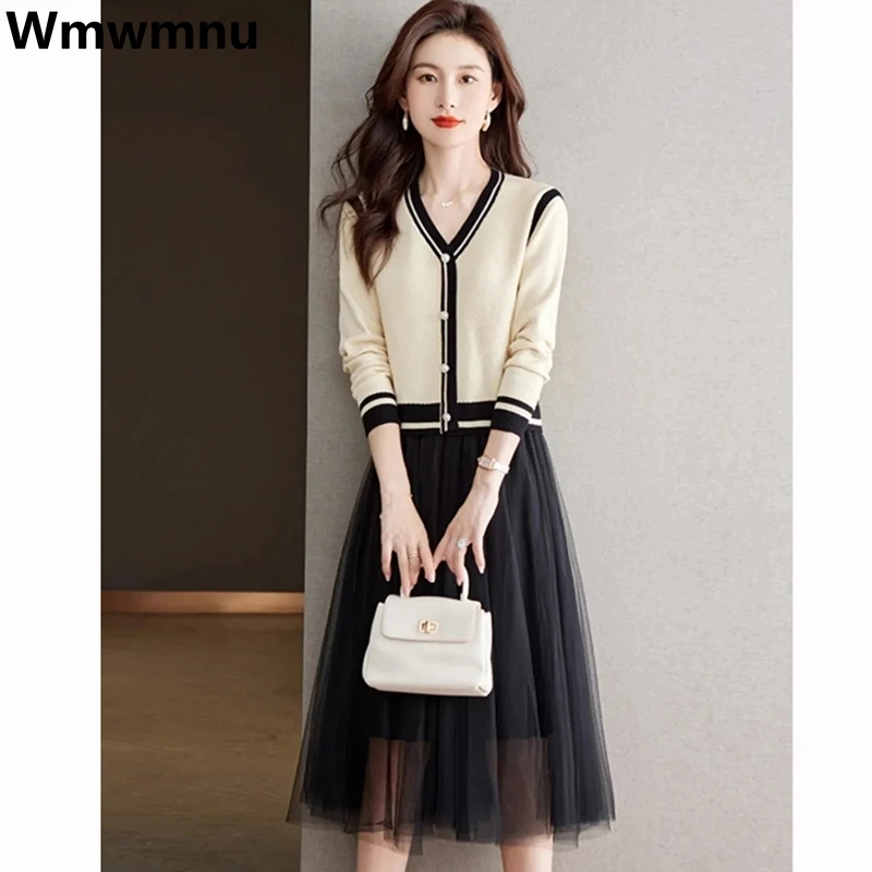

Fake 2 Piece V-neck Knitted Midi Vestidos Women Patchwork Mesh Dresses Thick Vintage Knitwears Robe Korean Autumn Winter Dress