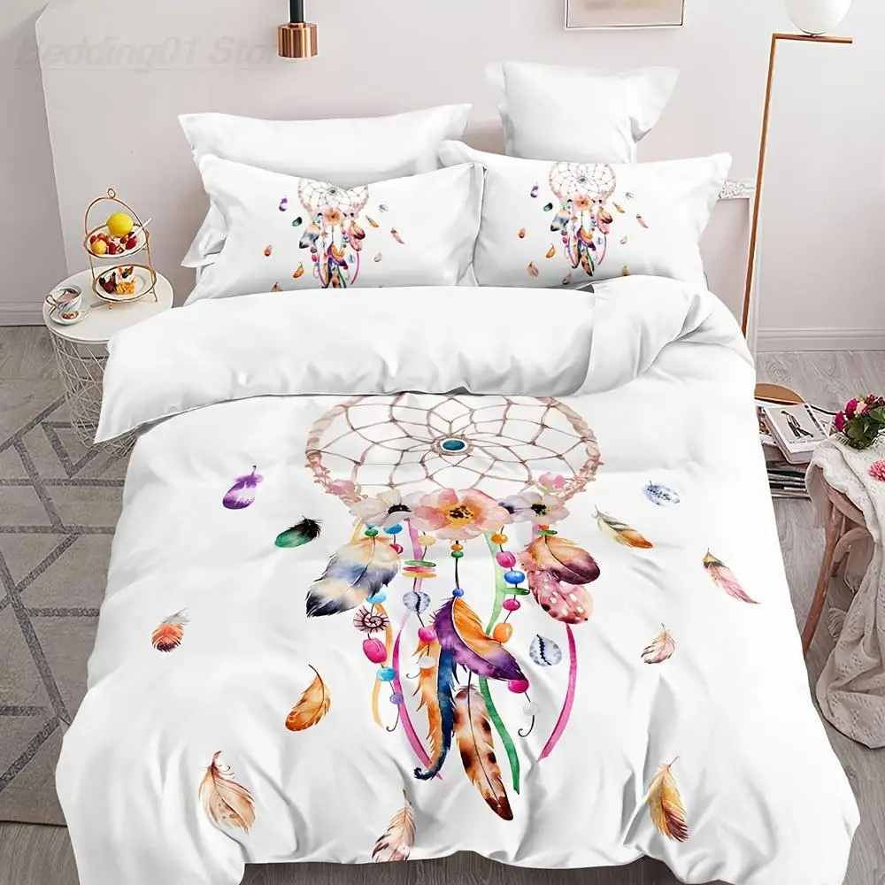 

Dream Catcher And Watercolor Feather Bedding Set Duvet Cover, For Bedroom,3pcs Duvet Cover Set, (1*Duvet Cover + 2*Pillowcases)