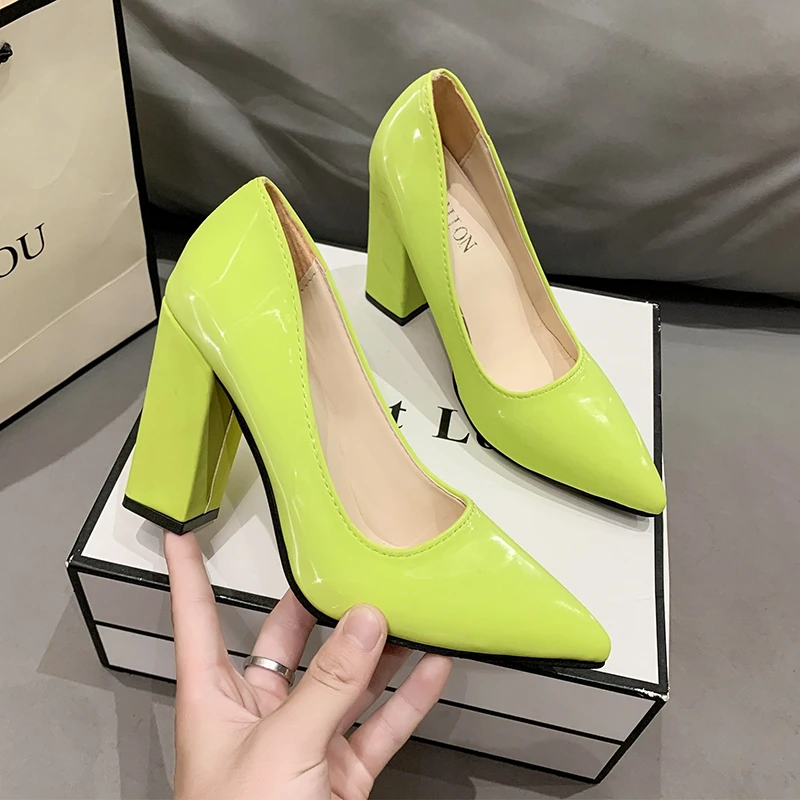 Colorful Pumps Women's Shoes 10cm High Heel Pointed Toe Fashion Chunky High Heels Patent Leather Shoes Female Plus Size 43