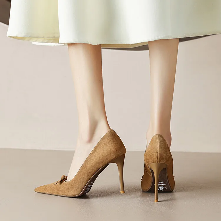 Женские замшевые туфли-лодочки открытые туфли на тонком высоком каблуке с бантом