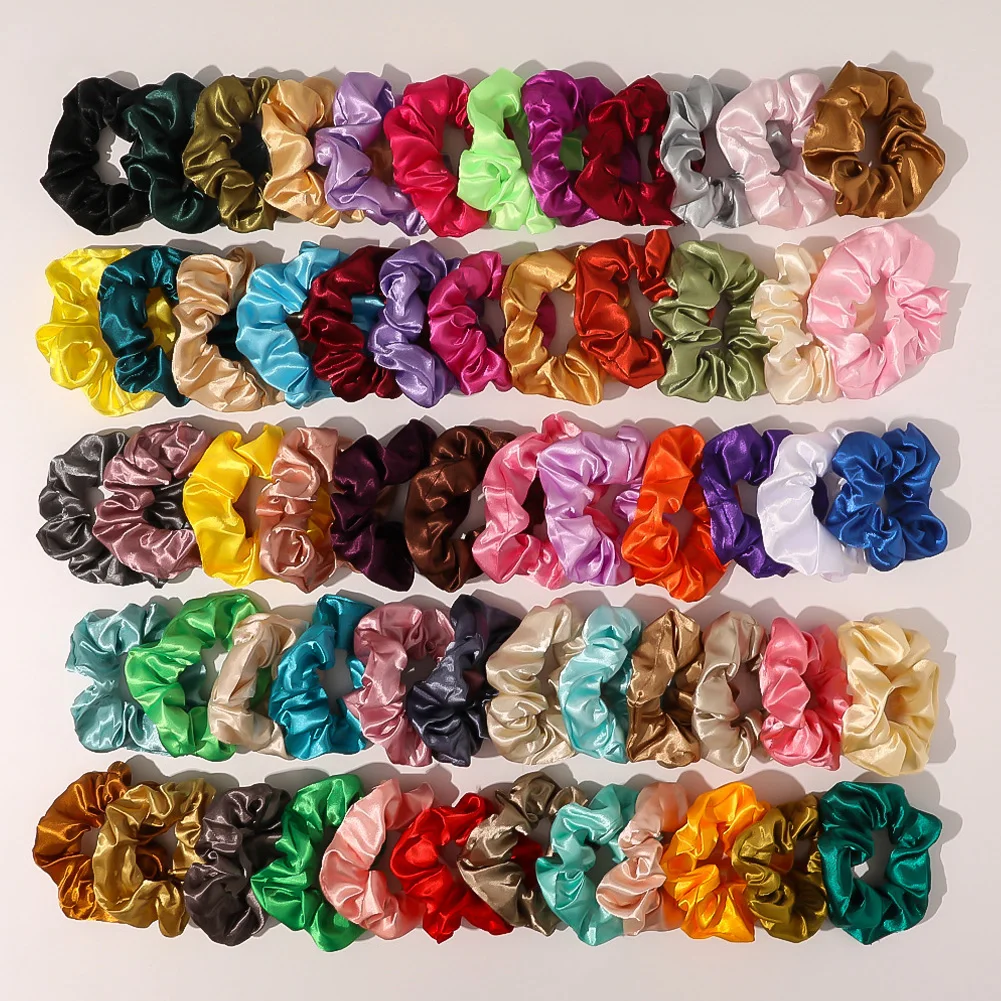 

60PCS Vintage Satin Scrunchies Girls Elastic Hair Bands Ponytail Holder Ties Rubber Bands Fashion Women Accessories Solid Color