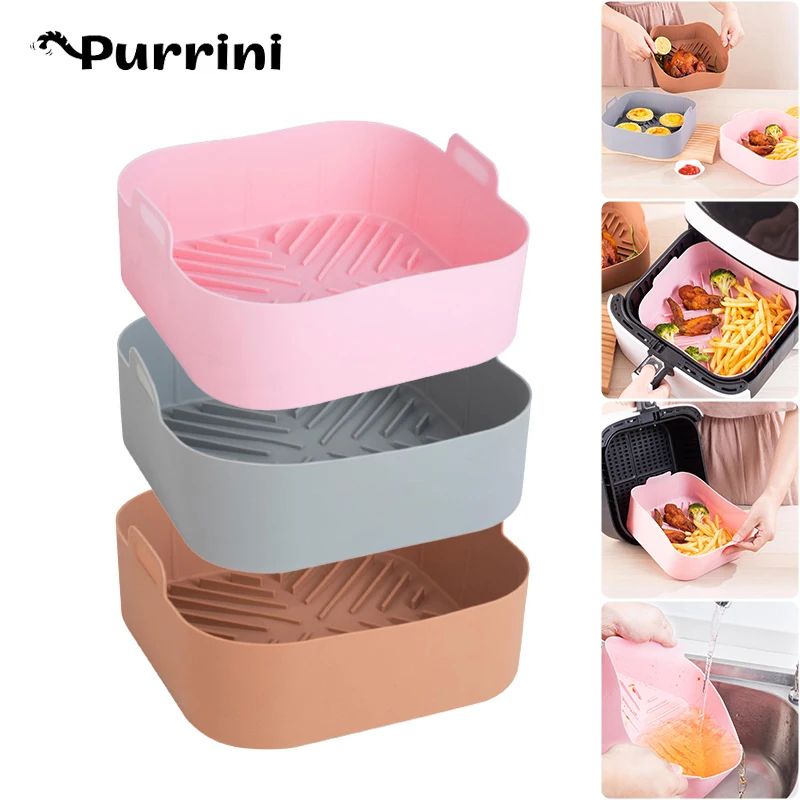 

Pink Air Fryer Pad Square with Handle Grill Pan Oven Baking Tray Flushable Temperature Resistance Silicone Kitchen Accessories