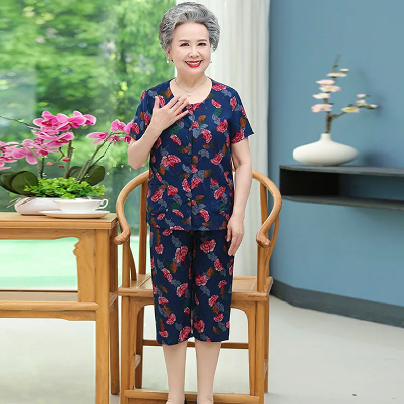 

Fdfklak Middle Aged Elderly Mother Summer Two Piece Sets Womens Outifits Cotton Grandma Short-Sleeve Cardigan Cropped Pant Suit