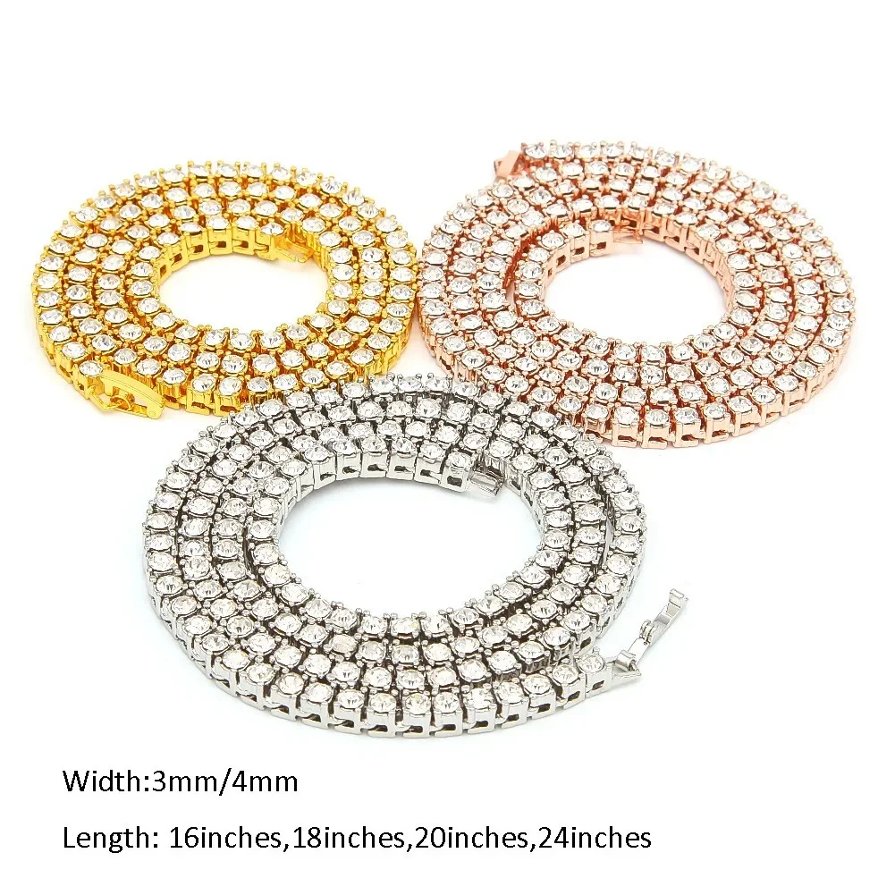 Hiphop 1 Row Tennis Chains Choker Bling Iced Out Cz Stone Rhinestones Necklace For Men 3mm 4mm 5mm Silver/rose Gold/gold Color