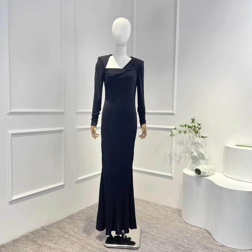 

New Arrival Special Neck Design 2023 Spring Irregular Long Sleeve Vintage Corset Black Long Dresses