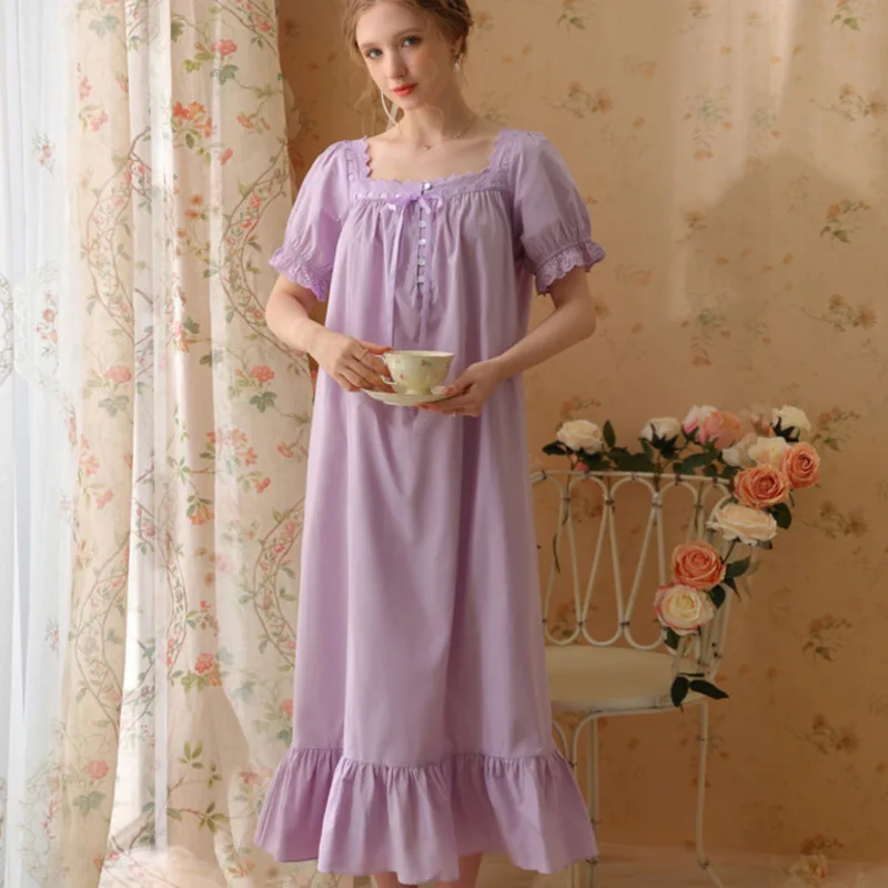

2023 Nightgowns Women Cotton Lace Short Sleeve Nightdress Princess Vintage Retro Sleepshirt Sleepdress Summer Nightwear Pajamas