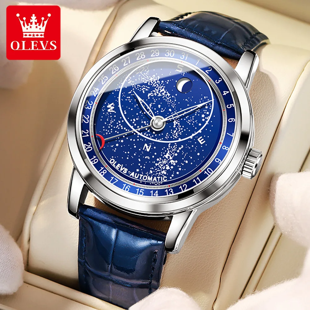 

OLEVS Mechanical Watch for Men 43.5mm Dial Rotating Second Wrist Watch Luminous Star Moonswatch Hombres Mecánico Superficie 9923