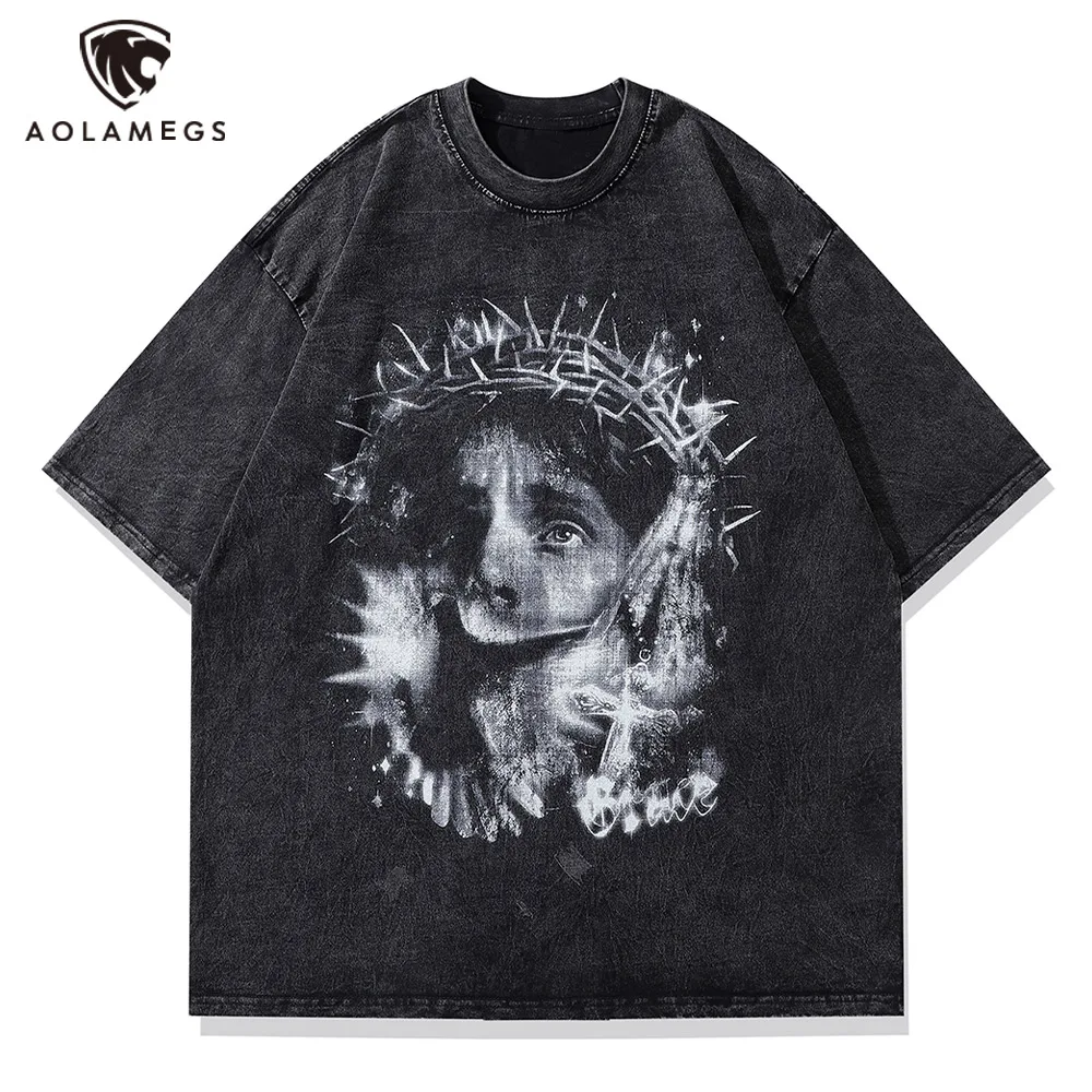 

Men's Hip Hop T-Shirts Abstract Scared Face Print T Shirt Casual Summer Y2K Punk Tees High Street Harajuku Streetwear Washed Top