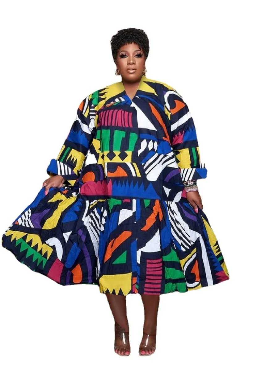 Plus Size Wome Dresses Fashion Long Sleeve Print Loose Casual Large Size Female Dress Personality Commute Ladies Elegant Dresses