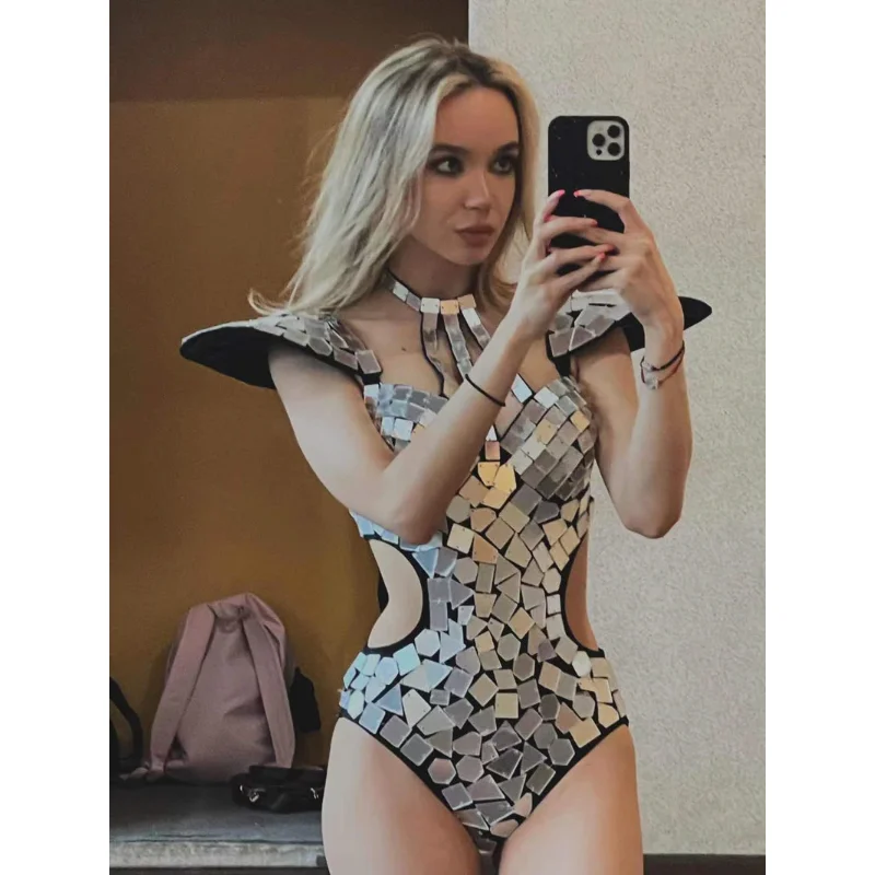 Боди женское серебристое с зеркалом, пикантный купальник для ночного клуба, Одежда для танцев ГОГО, вечерний праздничный костюм для представлений