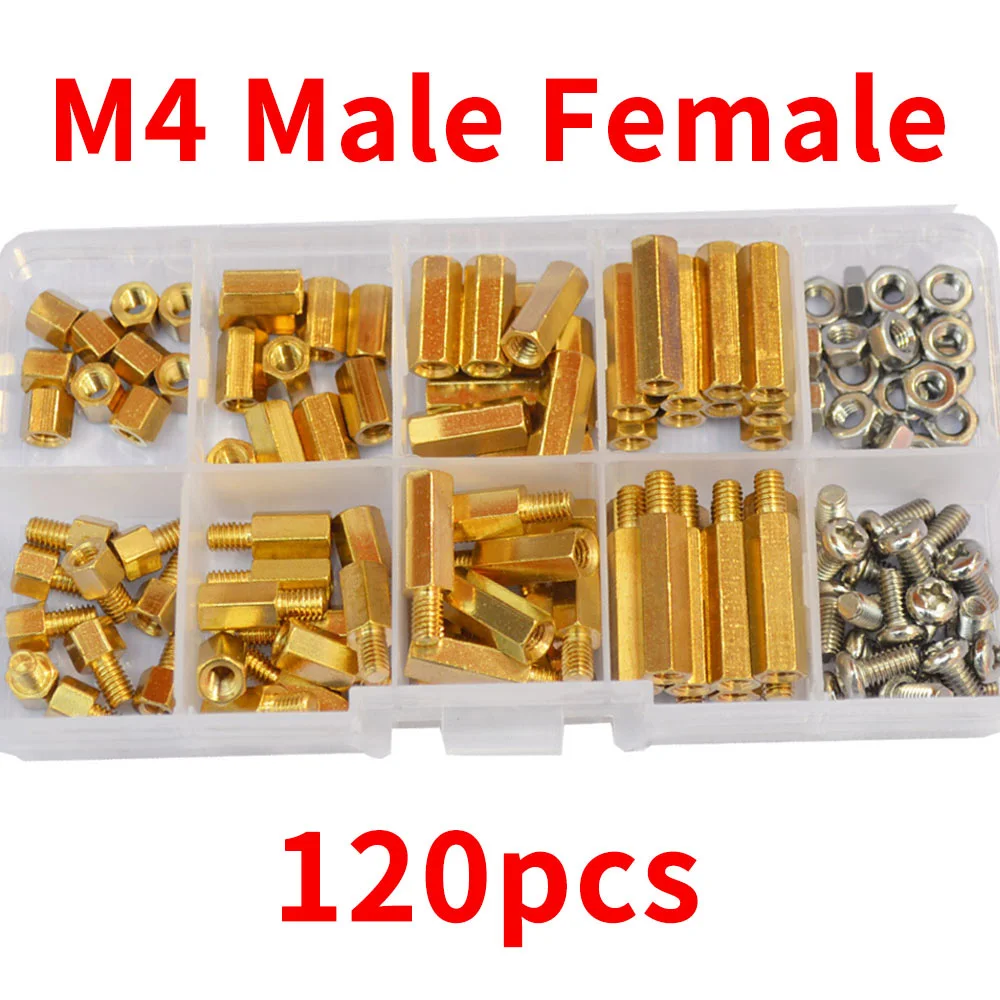 

120PCS M4 Hex Brass Standoff Male Female Thread Pillar Spacer Mount Screw Nut PCB Motherboard Assortment Kit