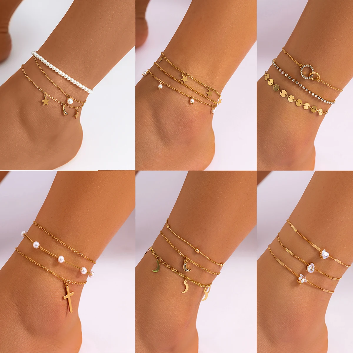 

KunJoe 3pcs/set Imitation Pearl Cross Pendant Anklet Set for Women Boho Tassel Star Moon Crystal Foot Chain Bracelet Leg Chain