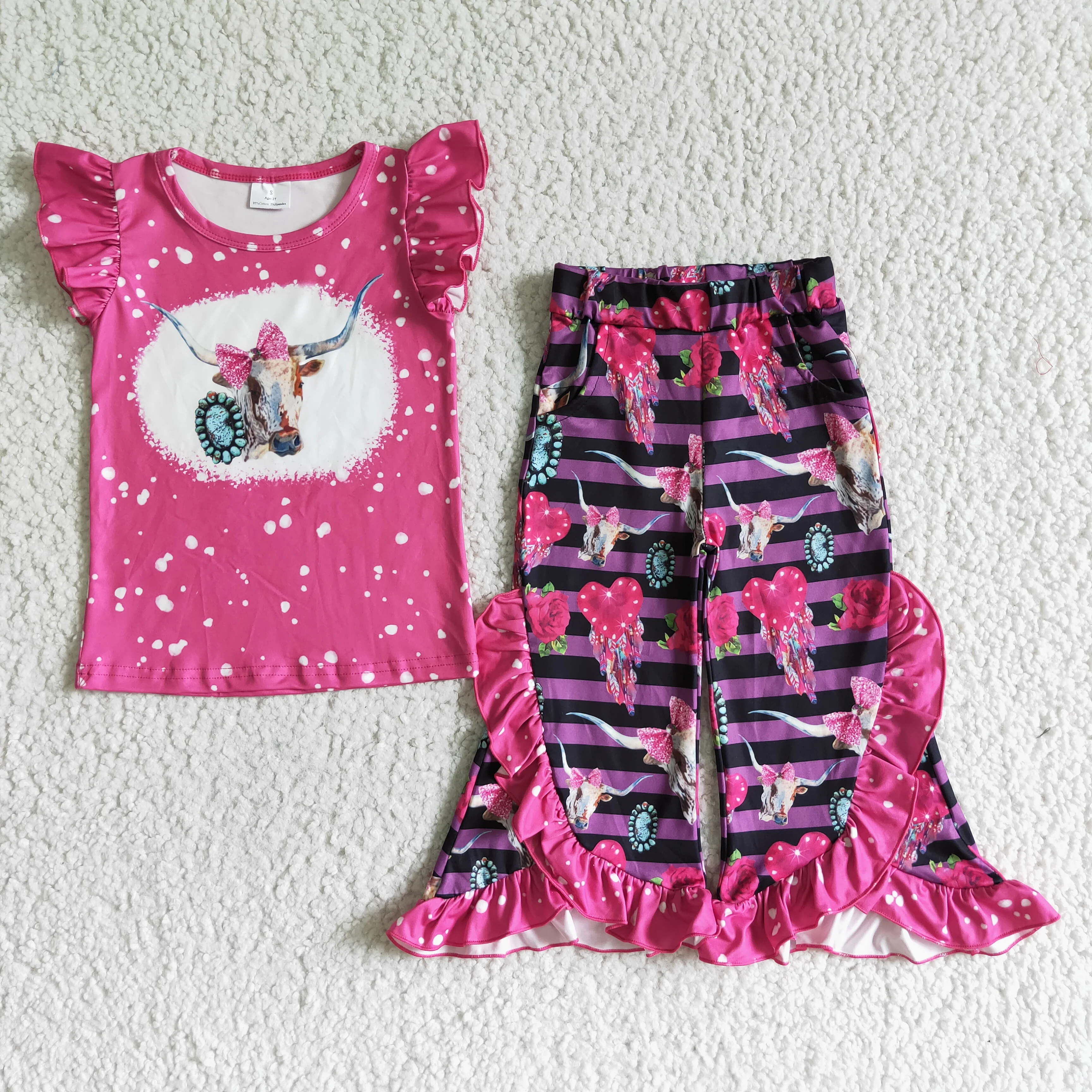 

wholesale baby girl boutique clothing remake summer outfit flutter sleeve top and bell bottom pant outfit kids clothing