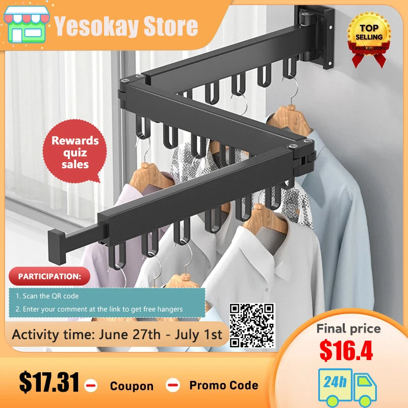 Folding Clothes Hanger Wall Mount Retractable Cloth Drying Rack Indoor & Outdoor Space Saving Aluminum Home Laundry Clothesline