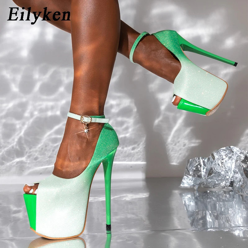 

Eilyken Fashion Sequined Cloth Ultra High Heels Sexy Nightclub Fetish Stripper Shoes Woman Peep Toe Buckle Strap Pumps Sandals