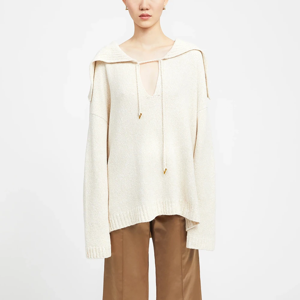 

2023 Autumn and Winter New Women Sweater Y2k Drawstring Lapel Long Sleeve Pullover Simple Fashion Loose Peplum Cotton Top