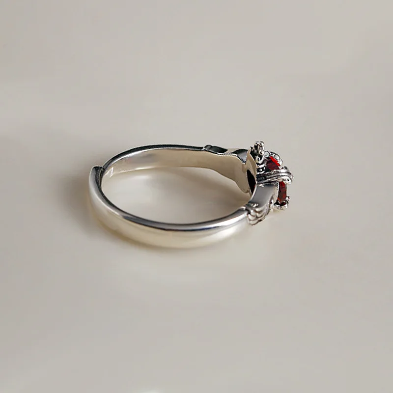 Promotion Jewelry Retro Red Crystal Love Heart Angel Wing Crown Design Thai Silver Ladies Ring For Women No Fade Gifts