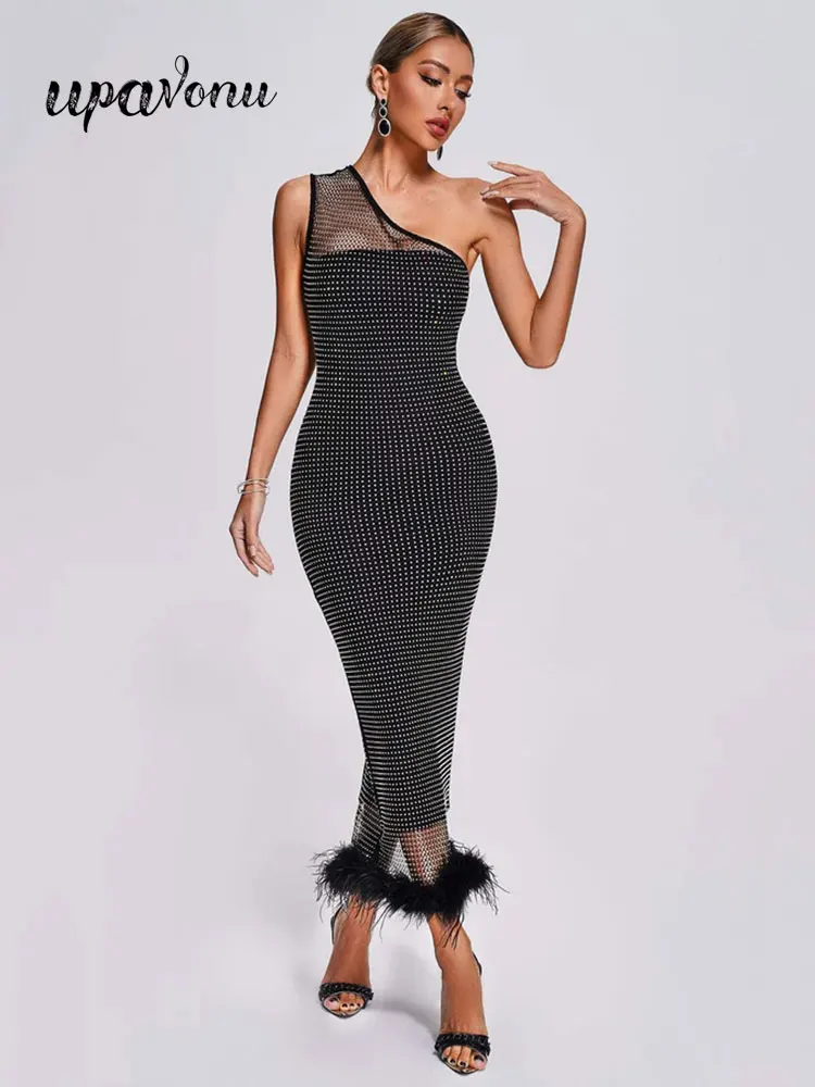 Women's Sleeves Mesh Beaded Feather Patch Bandage Dress Bodycon Dress Oblique Neck One Shoulder Dress Cocktail Party Long Dress