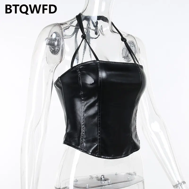 

Женский топ без рукавов, черный вечерний бюстгальтер из искусственной кожи с лямкой на шее, новинка 2022, летняя женская одежда, модные одното...