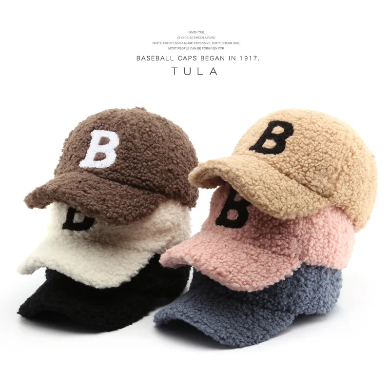 

Korean Style Japanese Style Women Letter Embroidery Lamb Wool Baseball Cap Outdoor Sports Men Warm Ear Protection Peaked Cap