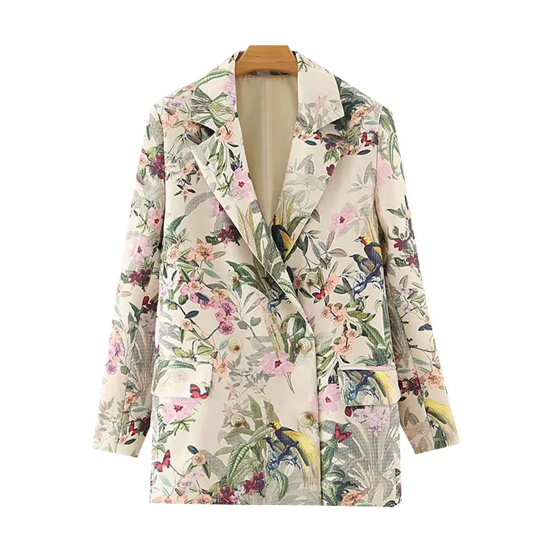 Fashion Women Office Wear Floral Print Blazer Coat Vintage Long Sleeve Pockets Female Outerwear Chic Tops